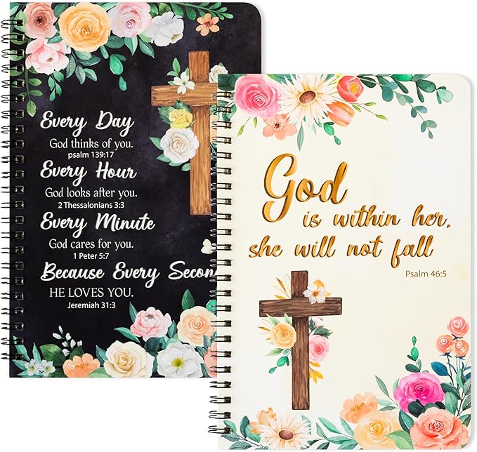 2Pack A5 Floral Cross Religious Spiral Notebooks, She Will Not Fall Bible Verse Ruled Hardbound Journal Writing Hardcover Notebooks Christian Christmas Gift Sunday School Office Supplies