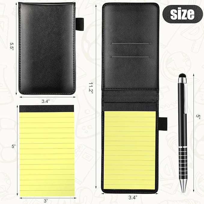 Outus 10 Pcs Pocket Notebook with Pen Set Included Mini Pocket Notepad Holder with 50 Lined Sheets, Metal Pen, 8 Pcs 3 x 5 Inch Memo Book Refills, 30 Lined Paper Per Note Pad (Black, Yellow)