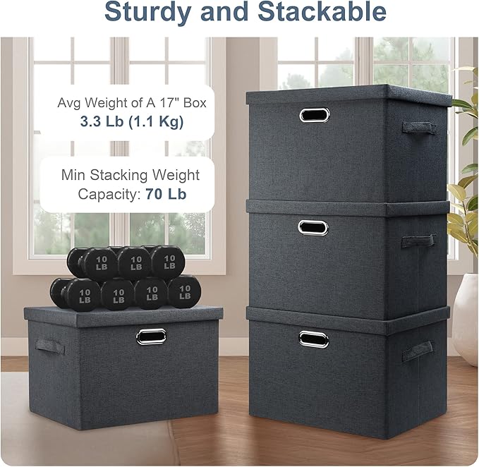 Large 17" 36 Quart Collapsible Stackable Storage Bins with Lids, 5 Packs Dark Gray Foldable Fabric Closet Storage Boxes with Lids Heavy-duty Linen Cube Baskets(17 x 12 x 11)