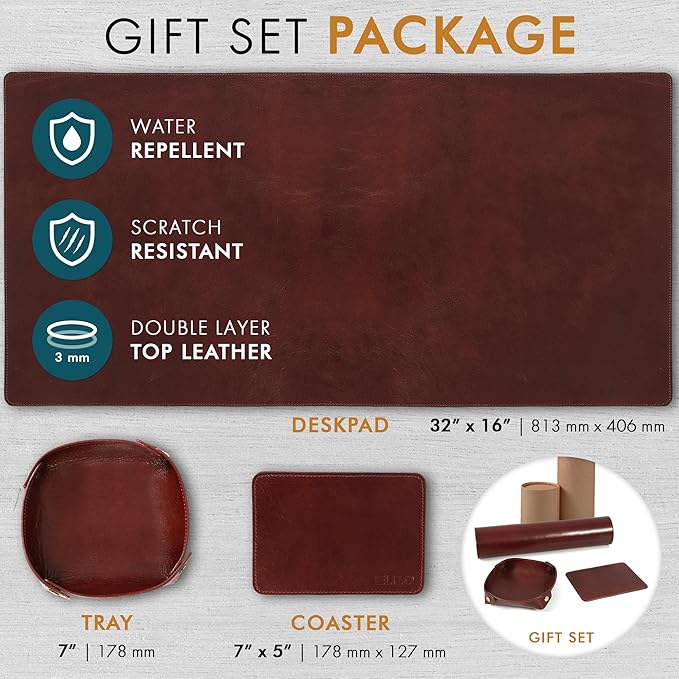Elizo Leather Desk Mat Desk Pad Blotter Set - Real Full-Grain Leather (32x16) 2-Layer Genuine Desk Cover Protector & Large Mouse Pad | Computer Keyboard Desk Accessories for Office & Home Chestnut