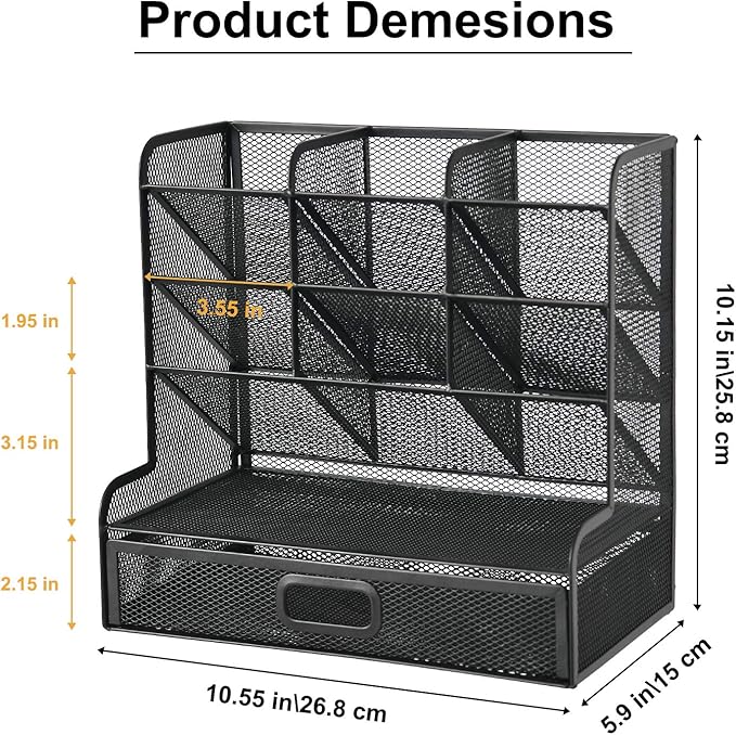 Marbrasse Mesh Pen Holder for Desk, Multi-Functional Pencil Organizer with Drawer, Desk Organizers and Accessories for Office Art Supplies (Large Black)