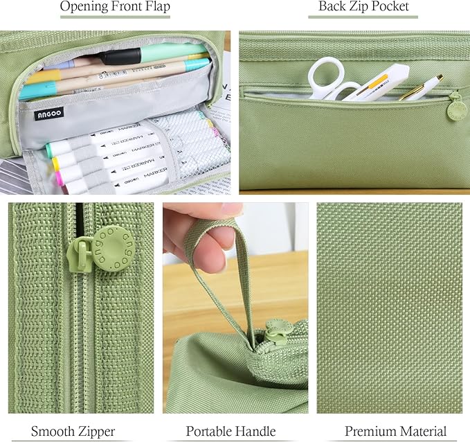 Pencil Case Pouch Large Capacity with Compartments, Pencil Case Pouch Bag with Zipper Handle for Teen Girls Boys Adults Women Men, Portable Pen Bag Stationery Organizer for Office School Travel, Green