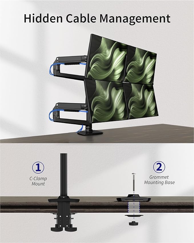 Quad Monitor Mount, Holds Screens up to 40 Inches and 25 lbs, Fully Adjustable 4 Monitor Mount with C-Clamp and Grommet Base, Aluminum, Black