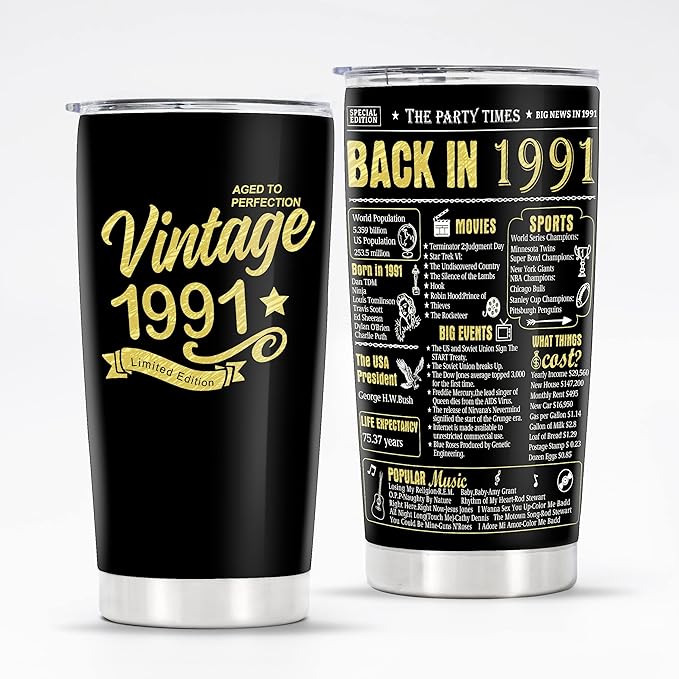 Happy 33th Birthday Tumblers Gifts for Men Women, Back in 1991 Stainless Steel Tumblers Gifts, 1991 33 Years Old Birthday Gift For Wife Husband Mom Dad