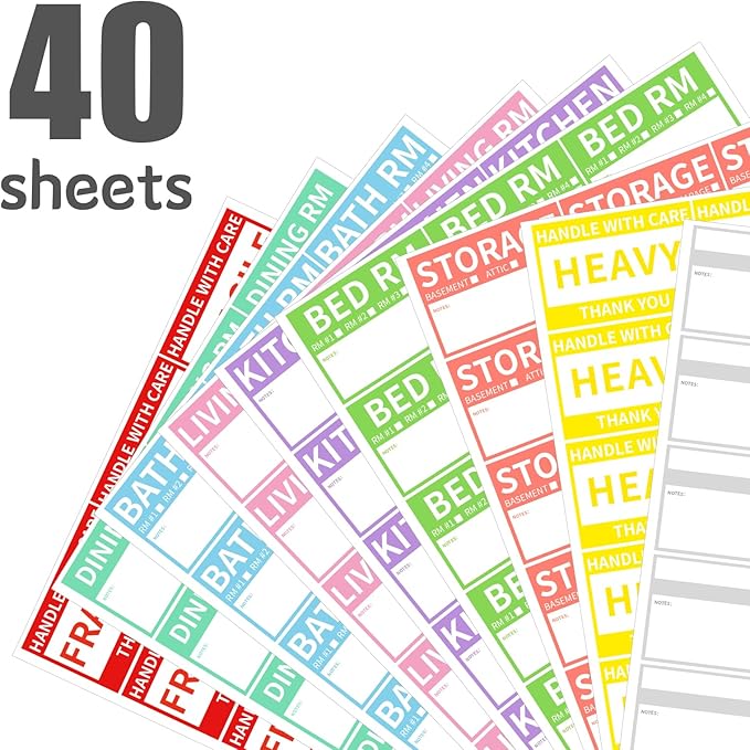 600 Pcs 2” x 3’’ Removable Home Moving Box Packing Labels for 1/2/3/4 Bedroom Rooms, 9 Designs Pre-Printed Color-Coded Moving Stickers Including Fragile 、Heavy and Blank Moving Labels for Boxes
