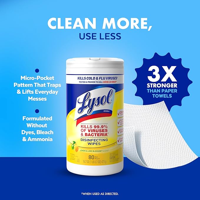 Lysol Disinfectant Wipes, Multi-Surface Antibacterial Cleaning Wipes, For Disinfecting and Cleaning, Lemon and Lime Blossom, 80 Count (Pack of 3)