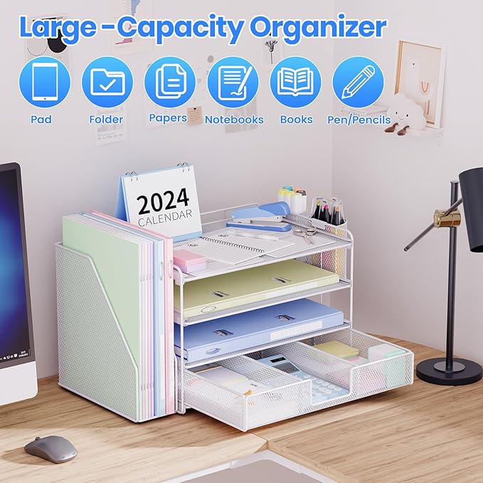 Desk Organizers and Accessories, Desk Accessories & Workspace Organizers for Office Supplies, File Organizer Desk Drawer Organizer with 2 Pen Holders, 4 Tier Paper Organizer for Desk(White)