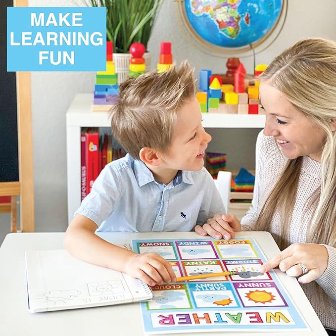 Hadley Designs 16 Educational Posters for Classroom & Kindergarten, Kindergarten Classroom Must Haves, Laminated PreK Learning Chart Materials US & World Map, ABC Alphabet, Shapes, Days of the Week