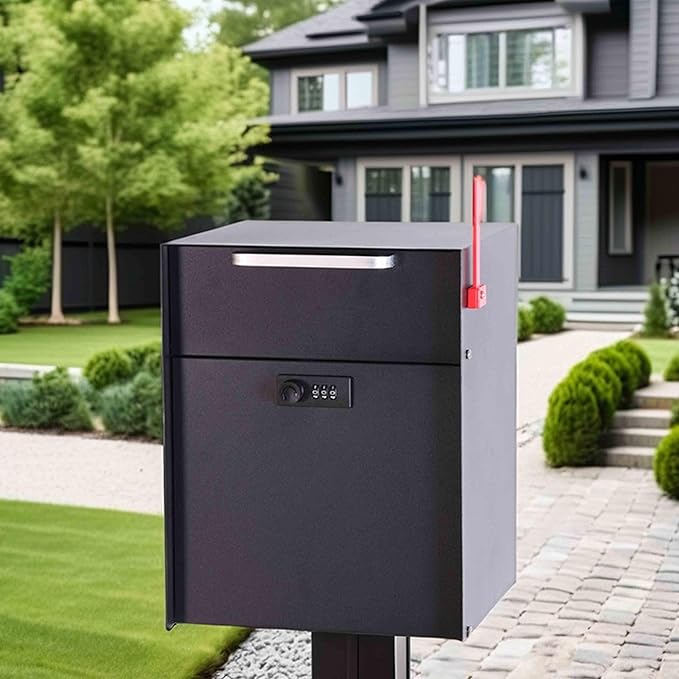 Post Mount Locking Mailbox with Code Lock - Large Capacity Security Password Metal Lock Mailbox - Waterproof Vertical Drop Mail Box Outdoor