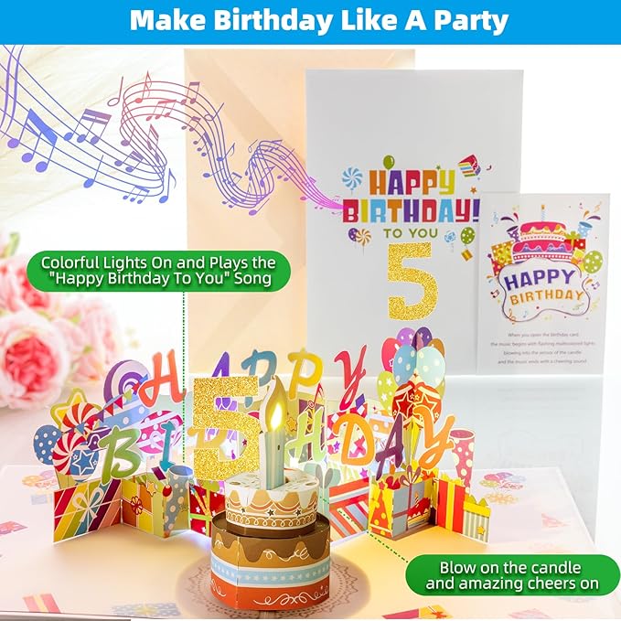 Gumry 5TH Musical Birthday PopUp Card, Blowable Colorful Light Candle 3D Cards with Song, Applause Cheers Sound, Greeting Cards Birthday Gifts Decorations for Daughter Son Turning 5 Years Old