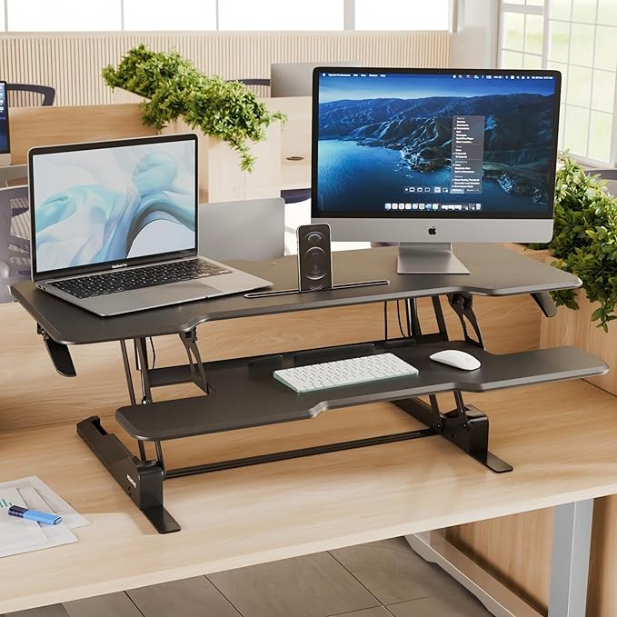 Mount-It! 47" Standing Desk Converter, Large Wide Tabletop Height Adjustable Desk Riser with Gas Spring, Desktop Sit Stand Up Desk with Keyboard Tray Fits 2 Monitors or Monitor and Laptop, Black