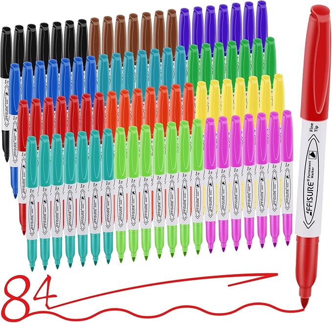 Permanent Markers Assorted Colors Set, 12 Colored Markers 84 Pack, Fine Point，Works on Wood, Plastic, Metal, and More, for Adults, Artist, Taecher, Kids