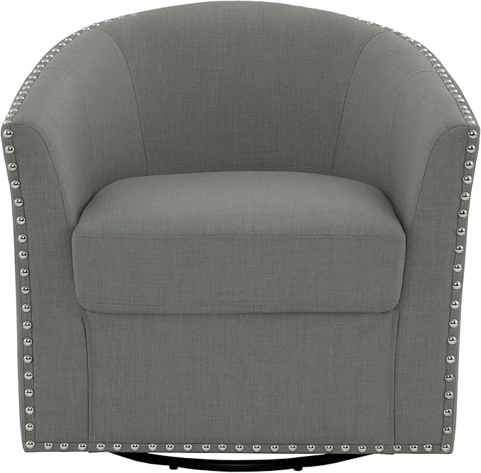 UIXE 360° Swivel Barrel Accent Chair Set of 2, Modern Upholstered Arm Chair Round Club Armchair, Nailhead Trim Single Sofa Seating in Fabric for Living Room - Light Gray