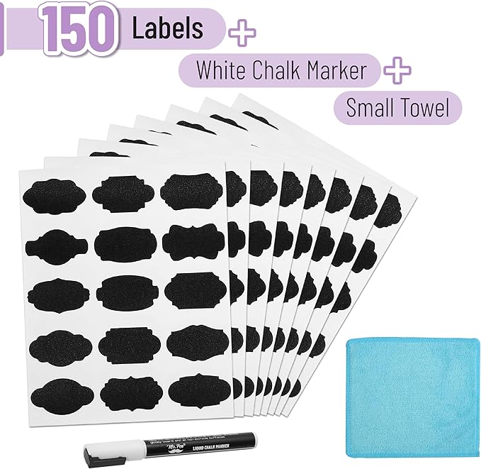 Mr. Pen- Chalkboard Labels, 150pcs, Assorted Shapes, White Chalk Marker & Small Towel, Sticker Labels for Storage, Bottle & Food Jars
