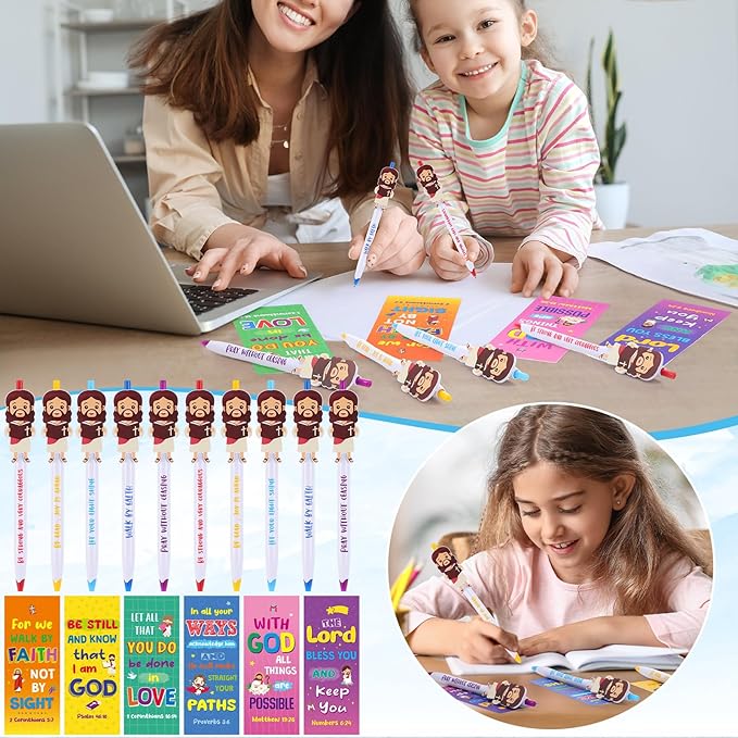 Christian Pens Sets Jesus Gifts Bulk Include Little Jesus Figures Ballpoint Pen and Bible Verse Bookmarks Bible Verse Inspirational Pens for Baptism Gift Sunday
