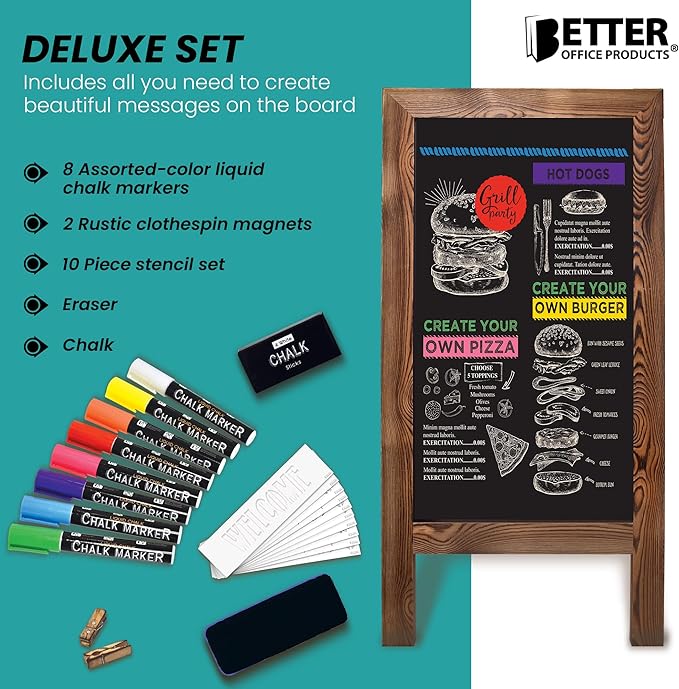 Better Office Products Magnetic A-Frame Chalkboard Sign, Extra Large 20" x 40", Standing Chalkboard Easel, Deluxe Set with Multiple Accessories, Outdoor Sidewalk Sandwich Board Sign,(Rustic Brown)
