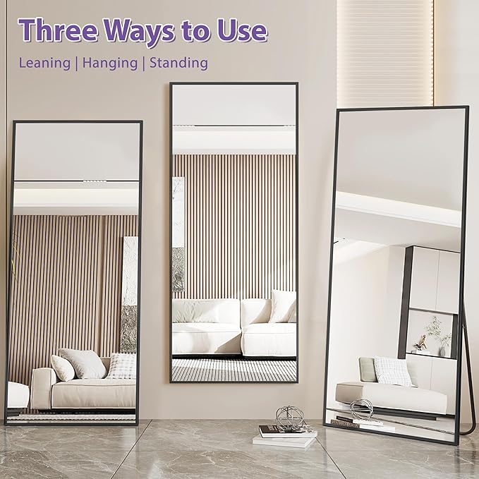 Full Length Mirror, 76"x34" Oversized Floor Mirror Freestanding, Full Body Mirror Floor Standing Mirrors with Stand, Hanging Mounted Mirrors for Bedroom Living Room, Black, Rect Style