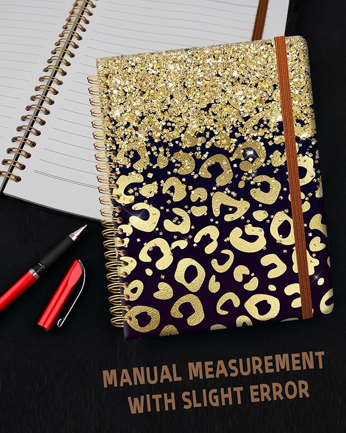 Ruled Spiral Writing Notebook,A5 Hardcover Lined College Journal for Women Lady,Fashion Puppy Watercolor Strong Twin-Wire Binding with Premium Paper,8.4" X 6",Perfect for School,Office,Home Gifts(Shiny Gold Leopard)