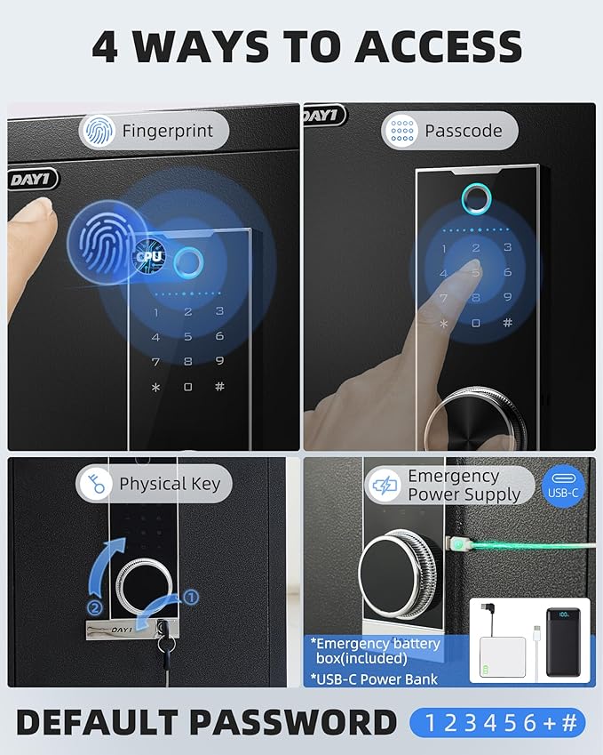 DAYI Biometric Fingerprint Safe Box, 2.0 Cubic Feet Home Safes with Fireproof Bag, Digital Touchpad Security Safe for Money Cash Documents, Dual Alarm System - DF-45 Pro
