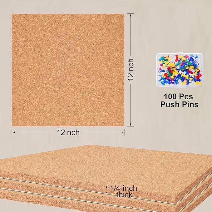 6 Pac Self-Adhesive Square Cork Boards for Wall with 100 Push Pins for Bulletin Boards Cork Wall Home School Office Decorative（12"x12"x1/4" ）