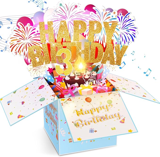 Tnvee 3RD Birthday Cards with Lights Music, 3D Pop Up Singing Happy Birthday Greeting Cards Gifts Ideal for 3 Year Old Kids Boy Girl