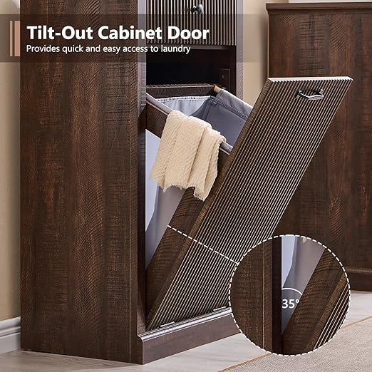 Modern Tilt-Out Trash Can Cabinet, 10 Gallon Fluted Laundry Hamper Cabinet with Drawers, Wooden Hidden Garbage Can Cabinets with Storage Basket, Free Standing for Kitchen and Living Room,Brown