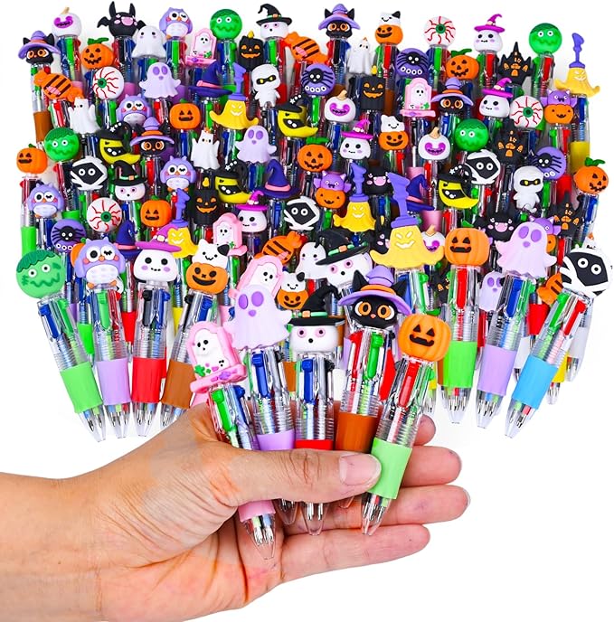 LiYiQ 50 Pcs Halloween Colorful Multicolor Pen in One Cartoon Cute Fun 4-in-1 Cute Pens Bulk Kawaii Pumpkin Ghost Bat Shape Cool Ballpoint Pens for Kids Fun Gifts