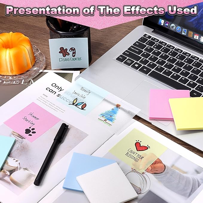SYMDROMIA Transparent Sticky Notes 12 Pack, Frosted Glitter Colored 3x3 Inch, High Transparency Glass-Like Adhesive Clear Seee Through Sticky Notes for Women Office School Supplies 600 Sheets