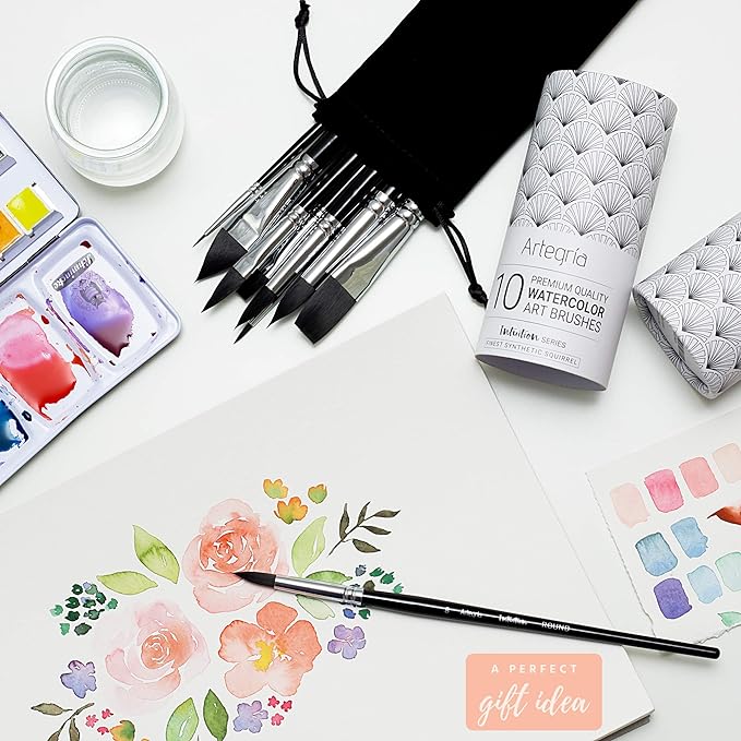ARTEGRIA Watercolor Brush Set, 10 Professional Soft Synthetic Squirrel Paint Brushes, Including Pointed Rounds, Flats, Dagger, Oval Wash