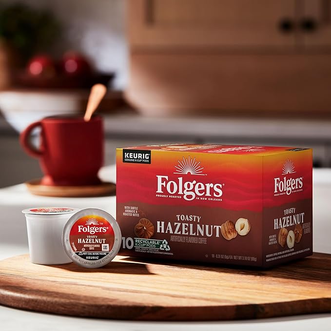 Folgers Toasty Hazelnut Artificially Flavored Coffee, Keurig K-Cup pods, 10 Count Box (Pack of 6)