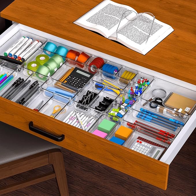 25 pc Clear Plastic Drawer Organizer Set,4 Size Small Storage Containers for Organizing Jewelry,Utensil,Junk,Tea,Makeup,Shallow Drawer Organizers Tray Suitable for Office,Desk,Bathroom,Vanity,Kitchen