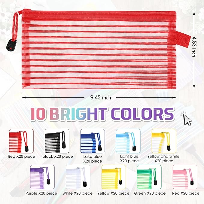 Zhehao 200 Pieces A6 Mesh Zipper Pouch Bulk Mesh Bags with Zipper Waterproof Small Pencil Pouches for School Office Supplies Organization 9.4 x 4.5 Inches (Bright Colors)