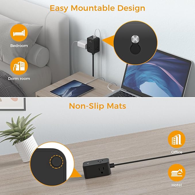 Flat Black Extension Cord, TESSAN Ultra Thin Power Strip with 3 USB Wall Charger (1 USB C), 3 Outlets Small Charging Station, 5 ft Slim Plug for Cruise Travel Office School Dorm Room Essentials