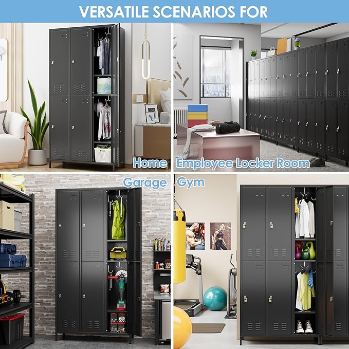 6 Doors Metal Locker for Employees with 18 Hooks and Business Card Holder,Metal Locker with Ventilation Holes for School Garage Office Gym Home,Assembly Required,Black