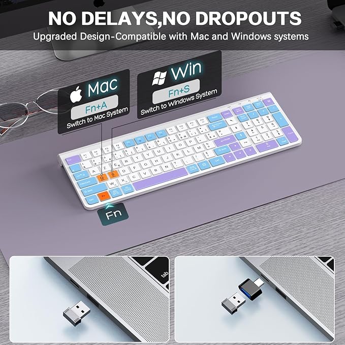 Colorful Wireless Keyboard with Low-Profile Keys-Soft Touch,Cute,Quiet Design,Windows & Mac OS，Office Cordless Slient Computer Keyboard for Desktop,Laptop, PC, Mac, Windows-Purple Blue White
