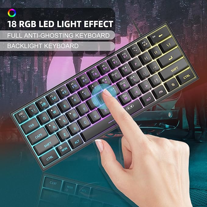 MageGee Mini 60% Gaming Keyboard, RGB Backlit 61 Key Ultra-Compact Keyboard, TS91 Ergonomic Waterproof Mechanical Feeling Office Computer Keyboards for PC, MAC, PS4, Xbox ONE Gamer(Black)