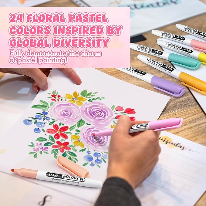 SFAIH 24 Pastel Permanent Markers - Assorted Dreamy Colors, Quick Drying, Fade Resistant, Fine Point Permanent Markers for Paper, Scrapbook, Coloring Book, Poster, School, Home, Art Painting, Drawing