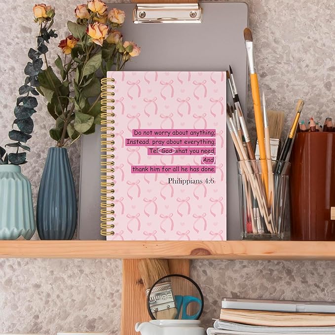Coquette Pink Bows Christian Spiral Notebook, Scripture Bible Verses Journaling Notebooks for Church Office School, Preppy Girly Hardcover Journals for Teen Girls Women, 160 Pages 5.5 x 8.3 Inch