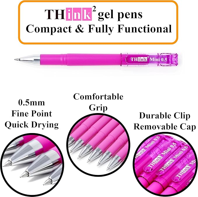 THINK2MASTER [24 Pens - Pink Ink Think2 0.5mm Pocketable Mini Gel Pens. (24 Pink) Fine Point Small Rollerball Pens with Smooth Quick Drying Ink.