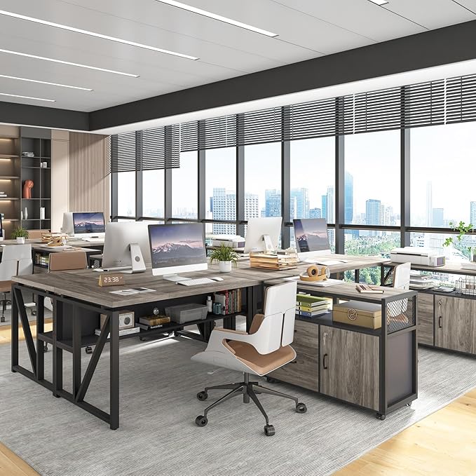 Tribesigns L Shaped Desk with Drawer Cabinet, 63" Executive Computer Desk and lateral File Cabinet, 2 Piece Home Office Furniture with Drawers for Hanging File, Doors with Locks (Gray, 63 inches)