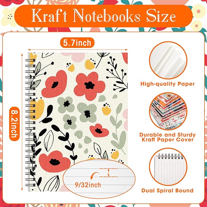 Fuutreo 12 Pcs Spiral Notebook for Work A5 8.3 x 5.7 Inch College Ruled Spiral Journal Notebook Kraft Cover Ruled Paper, 12 Color, 60 Sheets, 120 Pages for Office School(Floral Color)