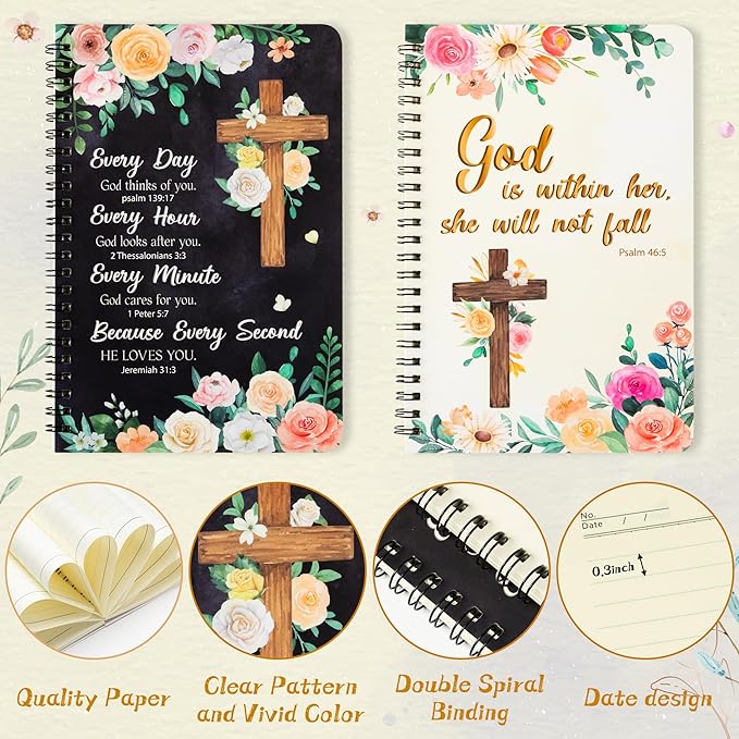 2Pack A5 Floral Cross Religious Spiral Notebooks, She Will Not Fall Bible Verse Ruled Hardbound Journal Writing Hardcover Notebooks Christian Christmas Gift Sunday School Office Supplies