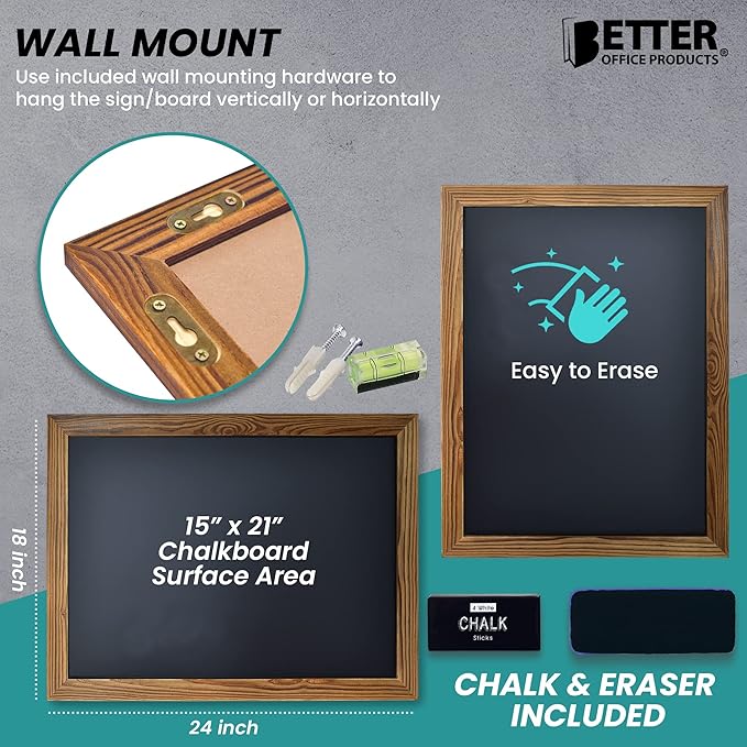 Better Office Products Magnetic Wall Chalkboard, Large Size 18" x 24", Rustic Wood Frame, Chalkboard Sign, Vertical or Horizontal Wall Mount, Includes Chalk and Eraser,(Rustic Brown)