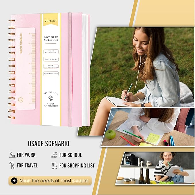 Dot Grid Spiral Notebook A5 Spiral Bullet Dotted Journal 160 Pages Thick Dot Paper Notebooks Plastic Hardcover Spiral Notebook 5x7 Wire Bound Notebooks for Note Taking School Office Supplies,Pink
