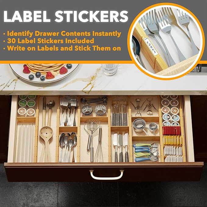 SpaceAid Bamboo Drawer Dividers with Inserts and Labels, Kitchen Adjustable Drawer Organizers, Expandable Organization for Home, Office, Dressers, 7 Dividers with 15 Inserts (17"-22" Natural)
