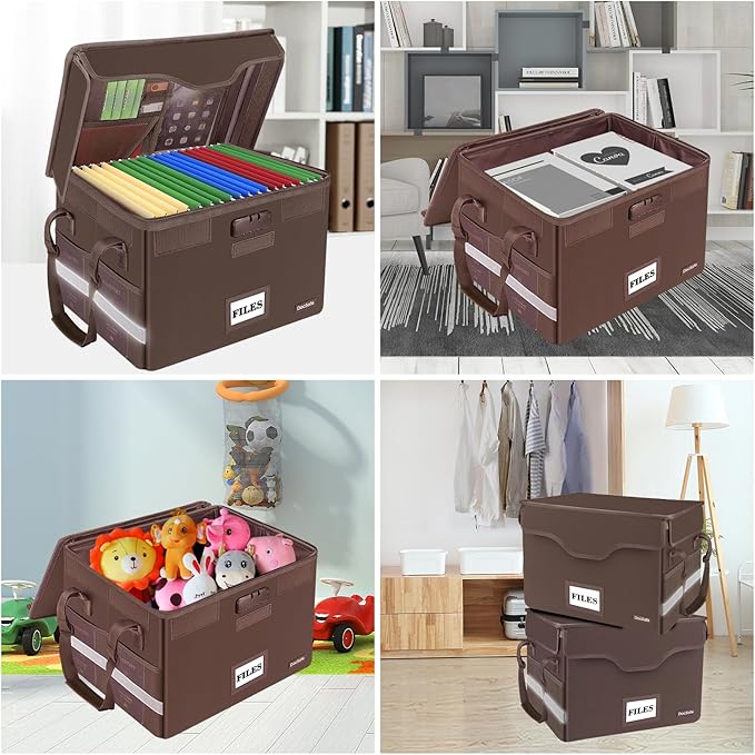 DocSafe File Box Fireproof Document Box with Lock, File Storage Organizer Box with Pockets,Collapsible Portable File Box Home Office File Cabinet with Handle for Hanging Letter/Legal Folder,Brown