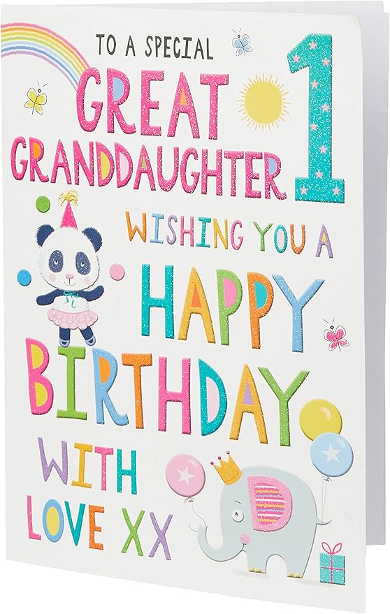 Regal Publishing Juvenile Birthday Card Age 1 Great Granddaughter - 9 x 6 inches,Yellow|White|red|Silver|Blue|Pink