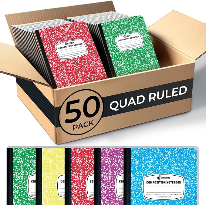 50 Pack Quad Ruled Composition Notebook, 200 Pages (100 Sheets) Bulk Graph Composition Notebook for School, Bulk Graphing Composition Notebook, Graph Ruled Composition Book, Assorted Colors