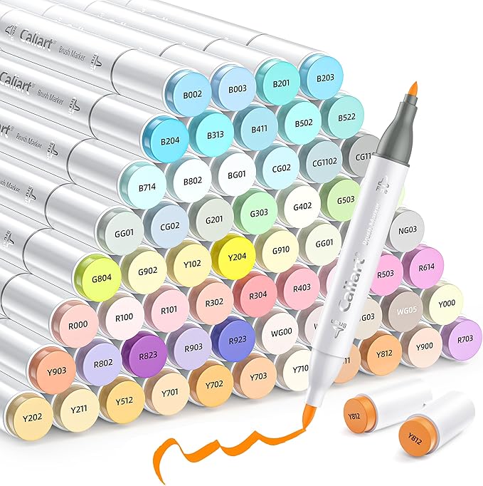 Caliart 61 Colors Brush & Fine Permanent Alcohol Markers, Dual Tip Artist Sketch Art Markers Set for Adult Coloring Book, Aesthetic Cute School Supplies, Pens for Drawing Coloring Illustrations