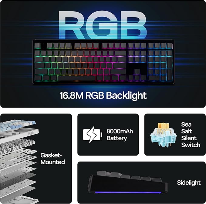 EPOMAKER TH108 Full Size Mechanical Keyboard, Wireless Gaming Keyboard, 8000mAh Battery, Creamy Gasket, 108 Keys, Hot Swap, Custom Driver, RGB Backlights (Black, Sea Salt Silent Switch)